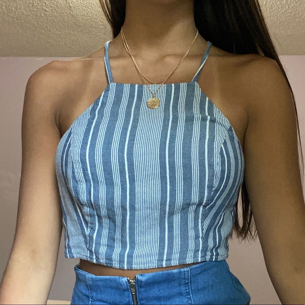 Blue and white striped crop top